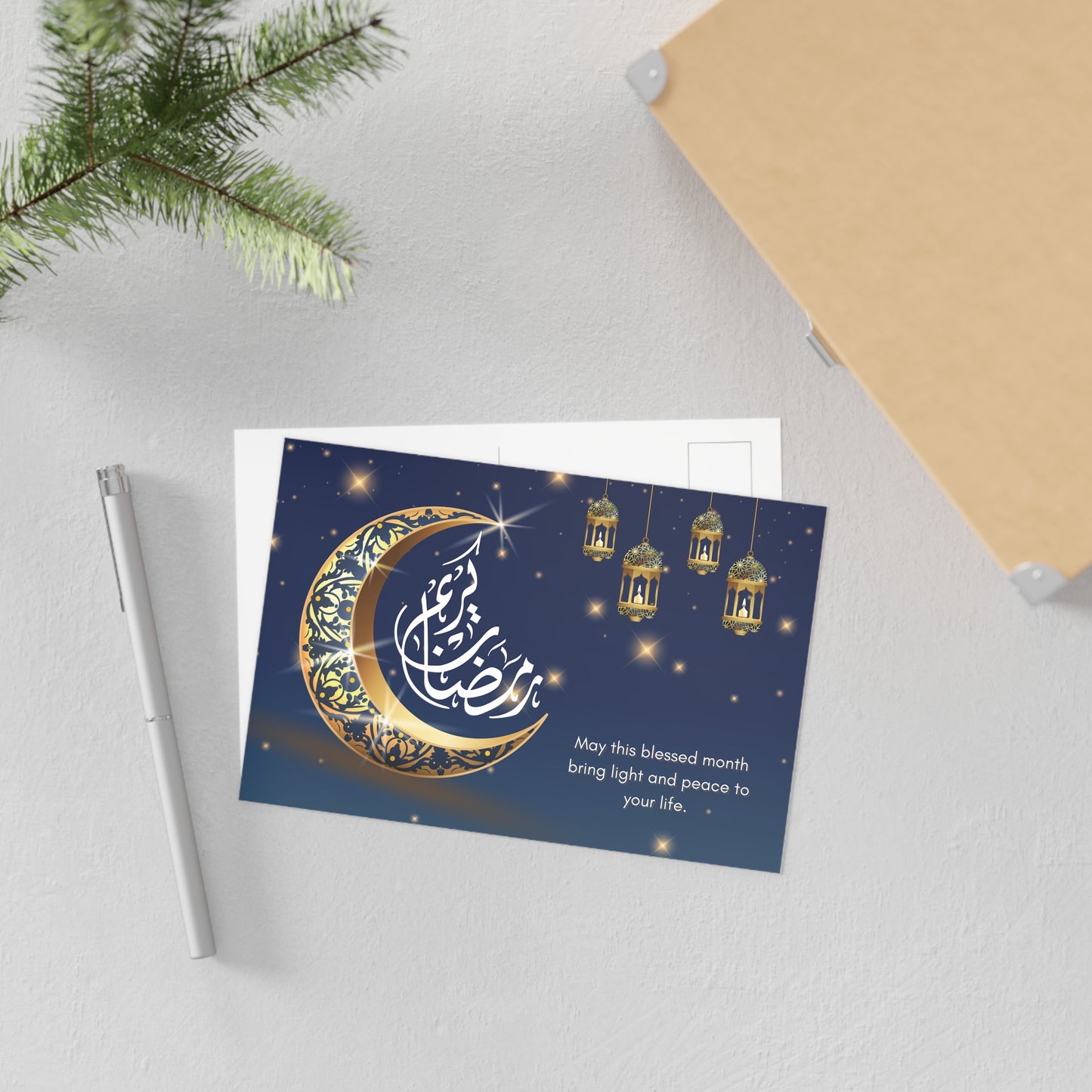 Ramadan Mubarak Postcard: Crescent and Lantern Design